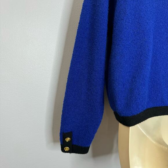 Talbots VGT 80's Wool Blend Royal Blue Black Gold Button Sweater Cardigan PM - Picture 9 of 10